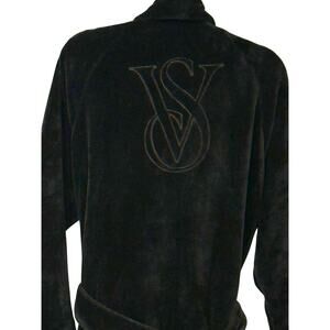 Victoria's Secret Black Plush Robe Embroidered VS Monogram Women's M/L With Belt